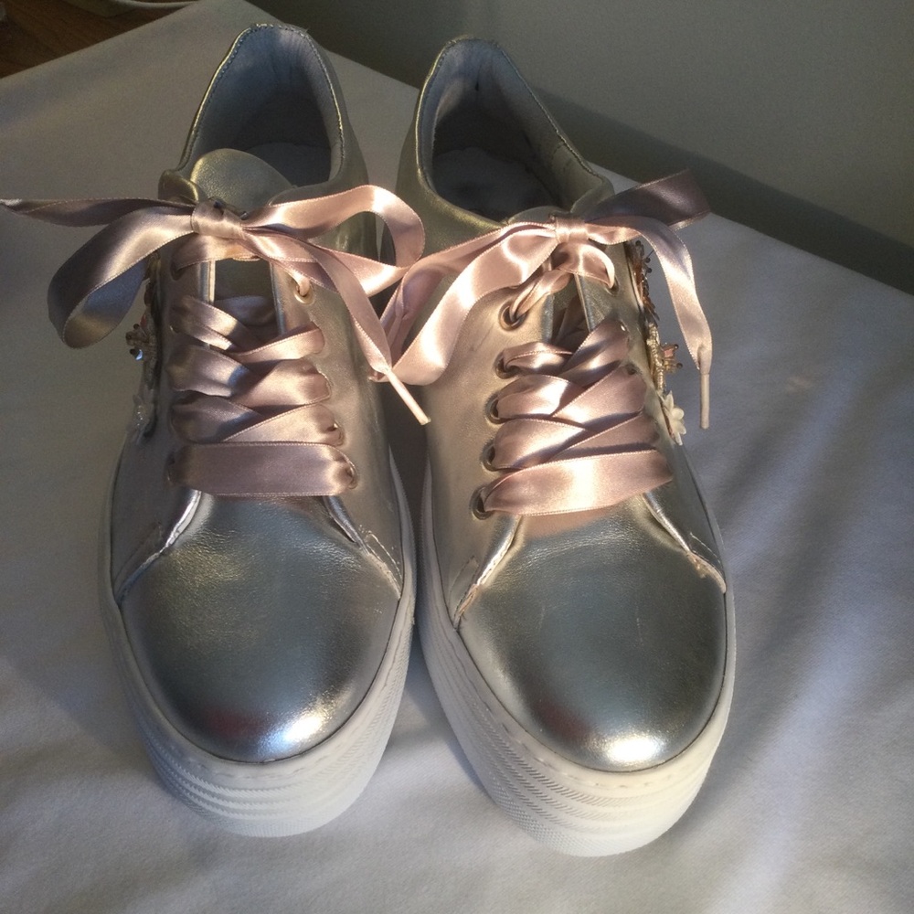 Silver Women's Sneakers with Pink Accents